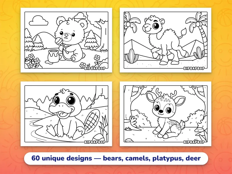 Landscape baby animals coloring pages — A baby bear eating honey, a baby camel walking past pyramids in the desert, a baby platypus by the river, a fox & a bear opening Christmas presents
