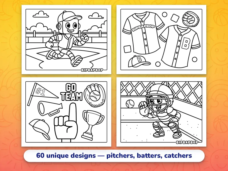 Landscape baseball coloring pages — a robot runner getting a home run, baseball caps and shirts, a baseball trophy, a catcher receiving a fastball
