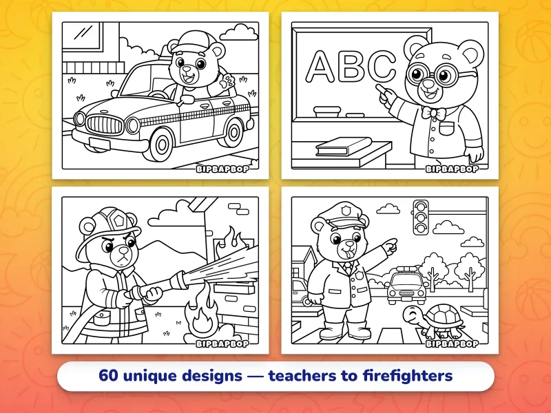 Landscape bear coloring pages — a bear taxi driver, a bear teacher pointing to the ABC, a bear firefighter putting out a blaze, and a bear police officer helping a turtle cross the road