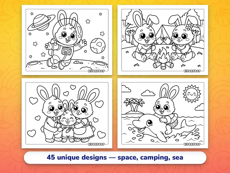 Landscape bunny coloring pages — a bunny astronaut, two bunnies roasting marshmallows by a fire, a bunny family, a bunny riding a dolphin