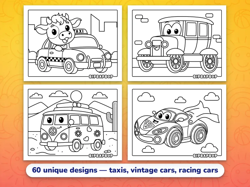 Landscape car coloring pages — a cow driving a taxi, a happy vintage car, a peace van in the desert, and a superhero car flying through the sky