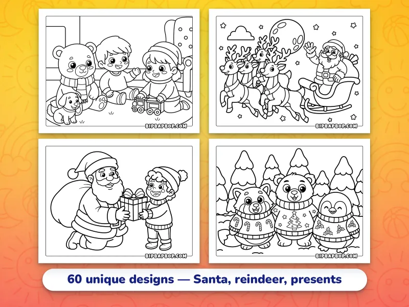 Landscape Christmas coloring pages — kids playing with a toy train, Santa with reindeer pulling his sleigh, Santa giving a present to a young boy, and winter animals in woolly jumpers