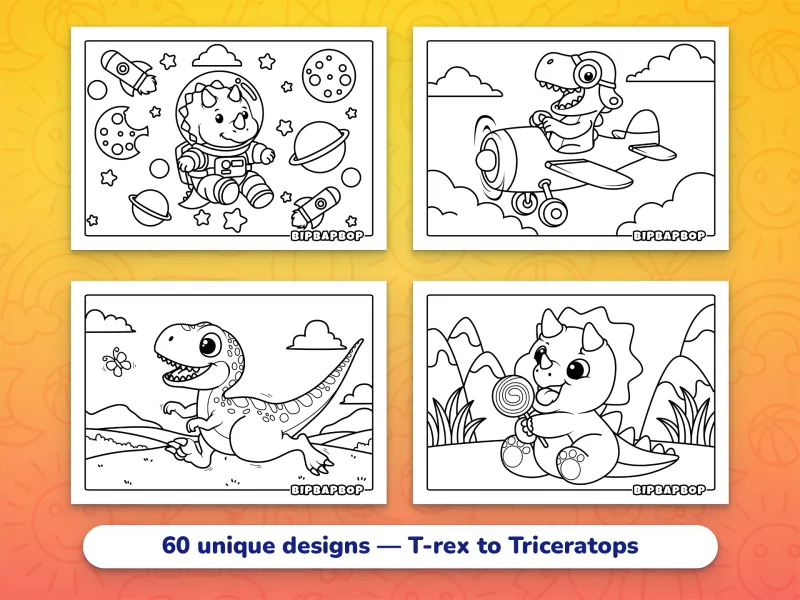 Landscape dinosaur coloring pages — a Triceratops astronaut in space, a T-rex flying a prop plane, a Velociraptor chasing a butterfly, a baby Triceratops licking a lollypop