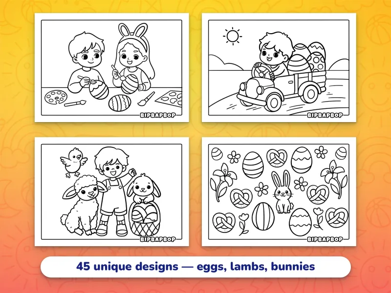 Landscape Easter coloring pages — a boy and a girl painting Easter eggs, a boy driving a car full of Easter eggs, a boy standing by a rabbit, a lamb, and a chick, assorted Easter goodies