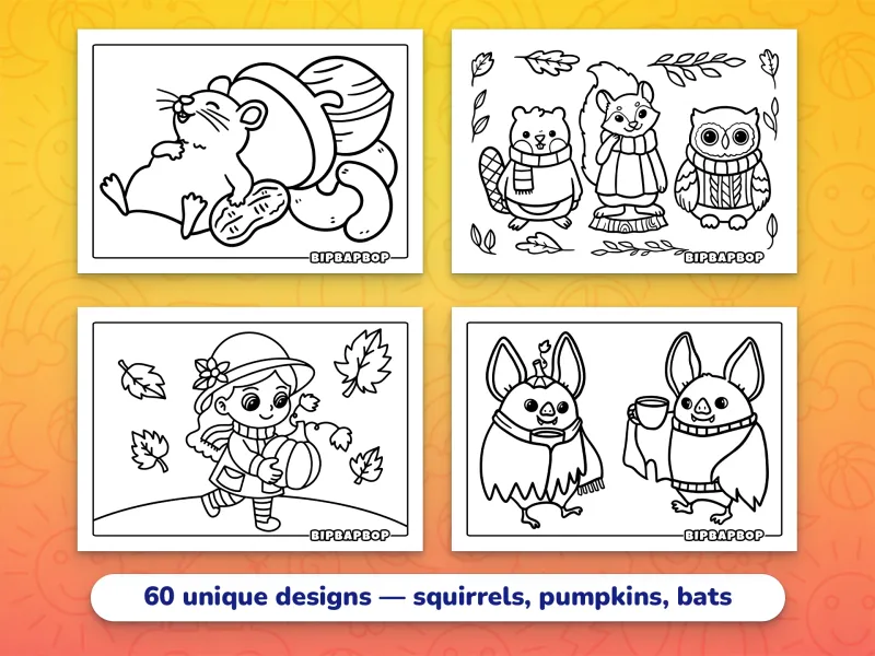 Landscape fall coloring pages — a squirrel asleep on a big nut, fall animals in scarves and warm sweaters, a girl carrying a pumpkin, and a pair of bats with hot drinks
