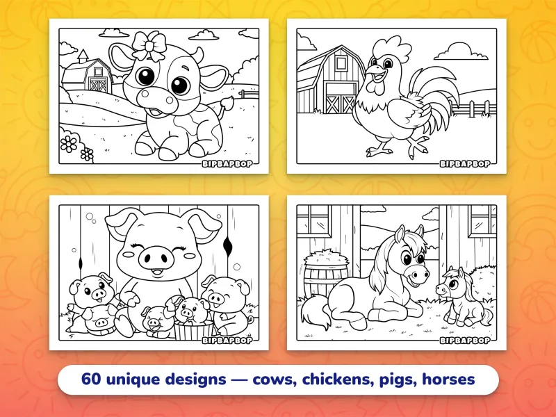 Landscape farm animal coloring pages — a happy cow in a field, a strutting chicken, mummy pig and her piglets, and a mommy horse with a foal