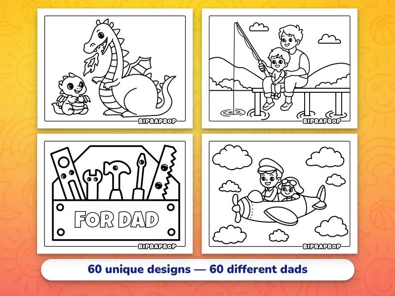 Landscape Father's Day coloring pages — a daddy dragon and his kid, a father and son fishing scene, dad's tools, a father flying an airplane with his kid