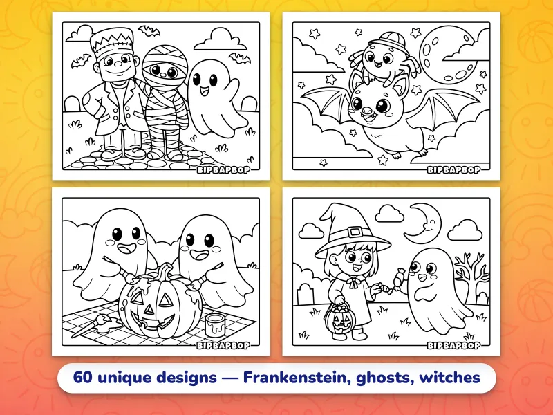 Landscape Halloween coloring pages — a young Frankenstein, a mummy and a ghost, two ghosts painting a pumpkin, a vampire bat carrying a spider, and a witch and a ghost trading candy