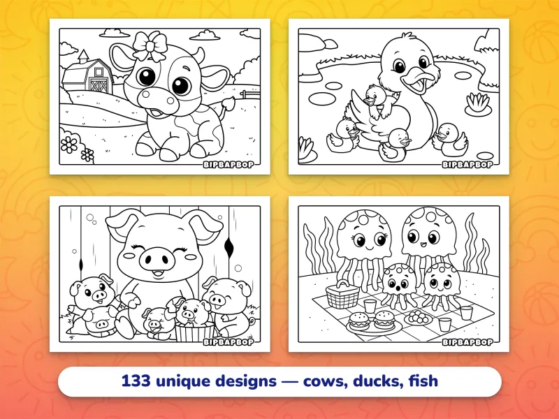 Landscape jumbo animal coloring pages — a happy cow in a field, a duck swimming with her ducklings, mummy pig and her piglets, and a jellyfish family having a picnic