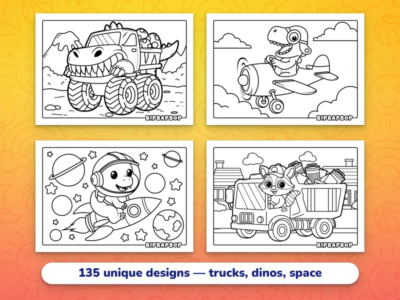 Landscape jumbo boys coloring pages — a dinosaur monster truck, a dino flying a plane, a dino on a space rocket, and a raccoon driving a garbage truck