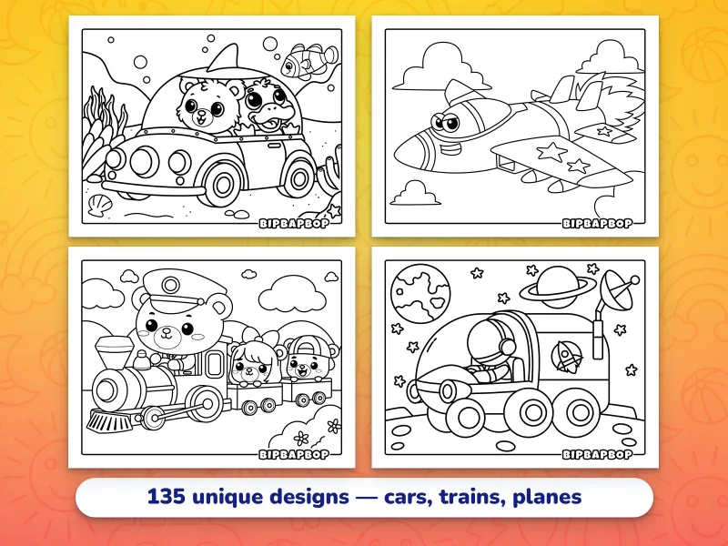Landscape vehicle coloring pages — an underwater car, a fighter jet, a bear driving a train, and a lunar buggy driving on the moon
