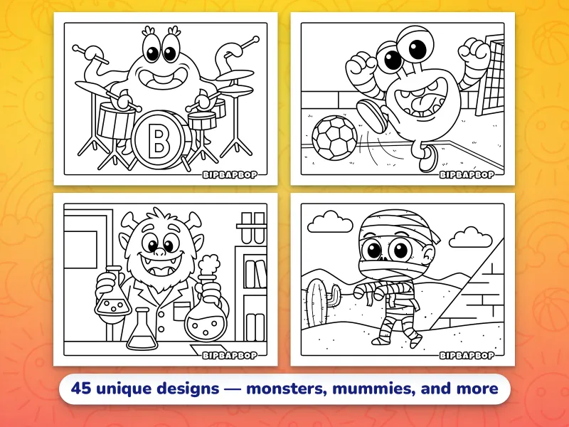 Landscape monsters coloring pages — a monster playing the drums, a monster playing football, a monster scientist, and a mummy walking past a pyramid