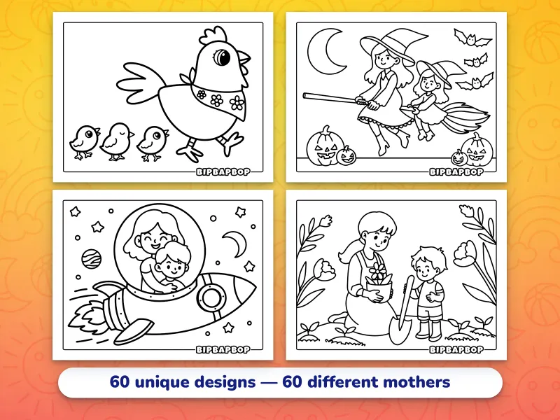 Landscape Mother's Day coloring pages — a mother hen with her chicks, a mother and daughter witch on a broomstick, a mother and her son in a rocket shooting into space, a mother and her young son planting flowers in the garden