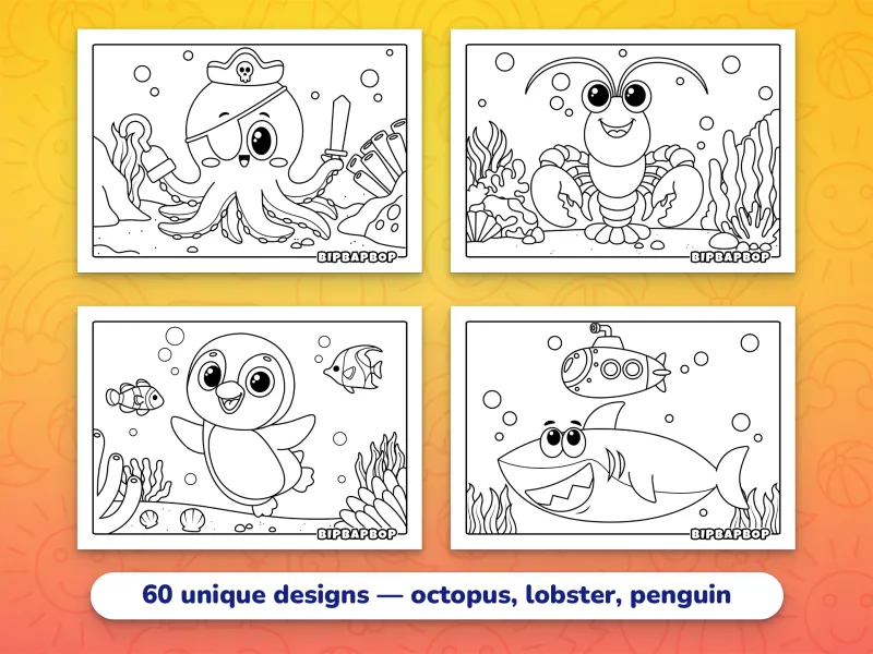 Landscape ocean animals coloring pages — a pirate octopus with a sword, a happy lobster, a penguin swimming with fish in the sea, a shark and a submarine
