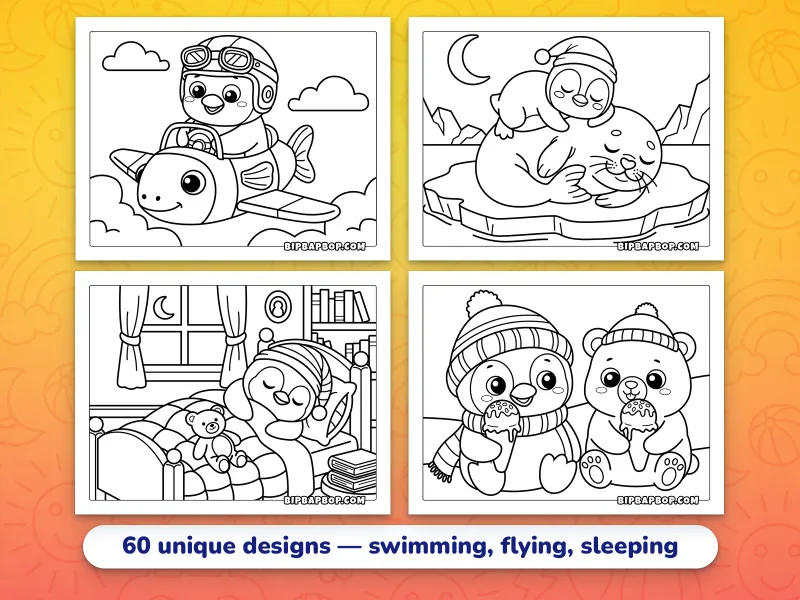 Landscape penguin coloring pages — a penguin flying a fish-shaped airplane, a penguin and a seal sleeping on an iceberg, a baby penguin tucked up in bed, a penguin and a bear enjoying ice cream