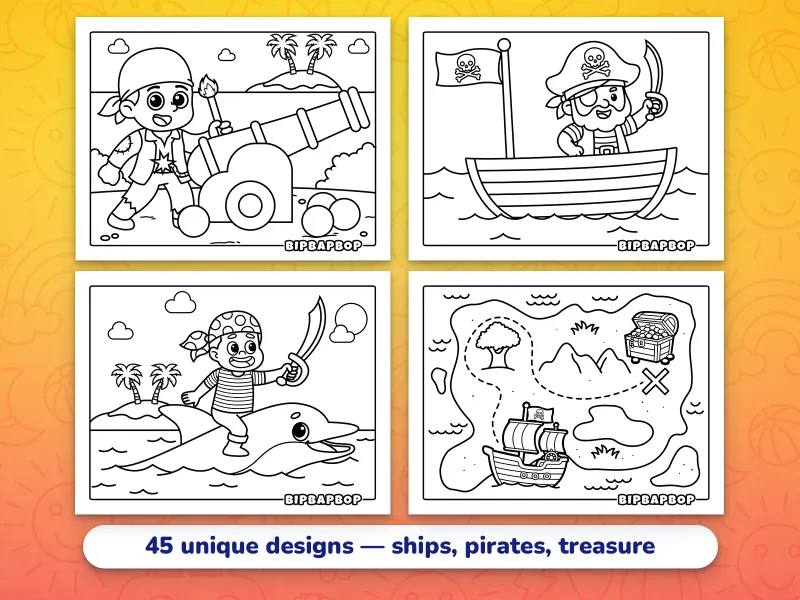 Landscape pirate coloring pages — a pirate cabin boy lighting a cannon, a pirate sea captain with a sword sailing in a boat with a skull and crossbones flag, a pirate boy with a sword riding a dolphin, a pirate treasure map showing an X marking a spot with buried treasure
