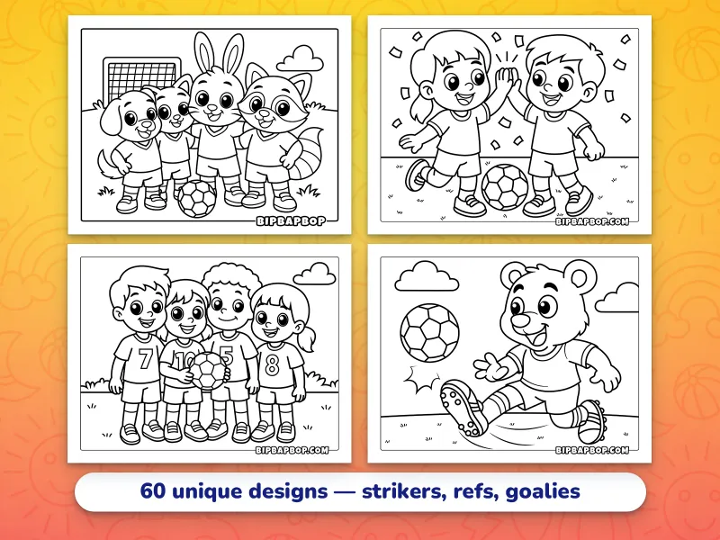 Landscape soccer coloring pages — a cute animal soccer team, a boy and a girl high-fiving, a team of kids holding a soccer ball, and a bear striker kicking a ball