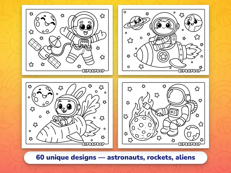Landscape space coloring pages — a girl astronaut space walking outside a satellite, a boy astronaut sitting on a rocket, a rabbit astronaut in a carrot rocket, and an astronaut toasting a marshmallow on a comet