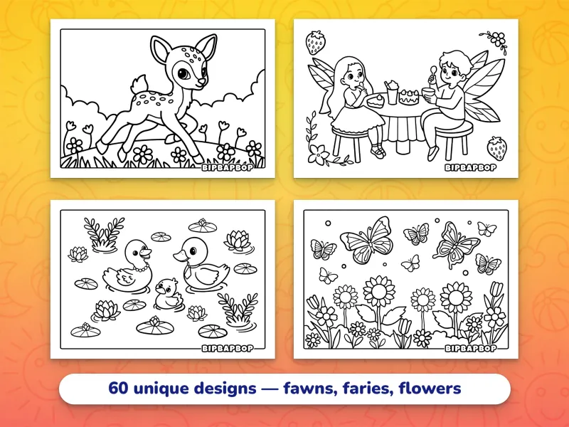 Landscape spring coloring pages — a baby fawn, two fairies having a tea party, a duck family swimming in a pond, a field of flowers and butterflies