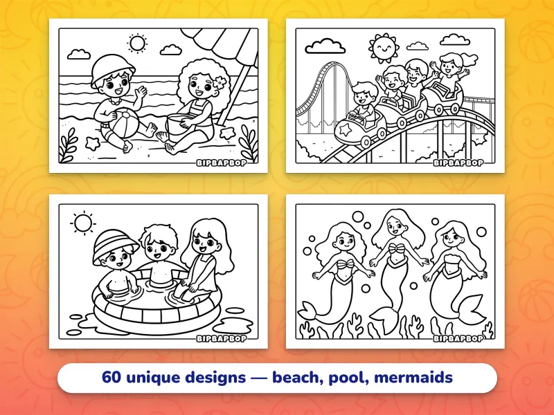 Landscape summer coloring pages — a boy and a girl sitting under a sun shade on the beach playing with a beachball and a bucket and spade, kids on a rollercoaster at an amusement park, three kids sitting in a paddling pool, and three mermaids swimming in the ocean