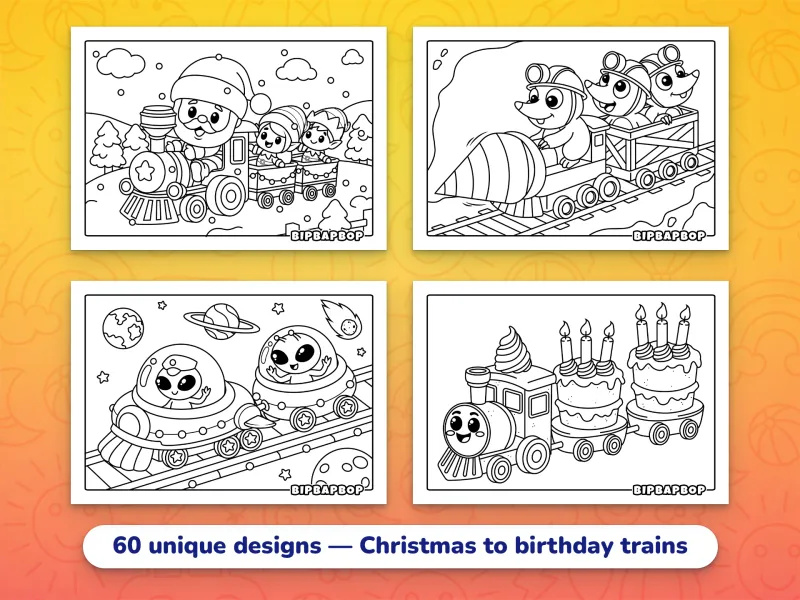 Landscape train coloring pages — Santa driving a Christmas train, moles driving a bore in a tunnel underground, aliens driving a flying saucer space train, and a birthday train carrying cake wagons