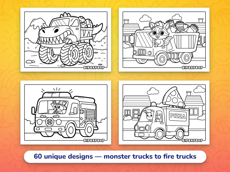 Landscape truck coloring pages — a dino-themed monster truck carrying a cargo of eggs, a fire truck rushing to the rescue, a raccoon in a garbage truck and a boy in a pizza truck