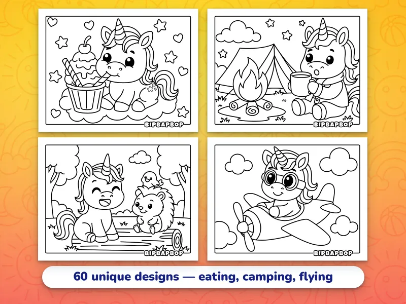 Landscape unicorn coloring pages — a unicorn eating ice cream, a unicorn by a camp fire, a unicorn talking to a hedgehog and chick in a forest clearing, a unicorn flying an airplane