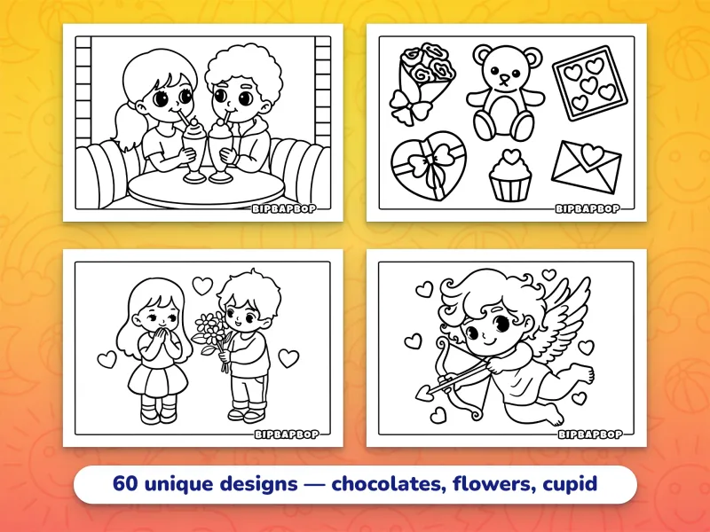 Landscape valentines coloring pages — a girl and a boy drinking milkshakes together, valentines presents — flowers, chocolates & a teddybear, a boy giving flowers to a girl, a cupid with his bow and love arrows