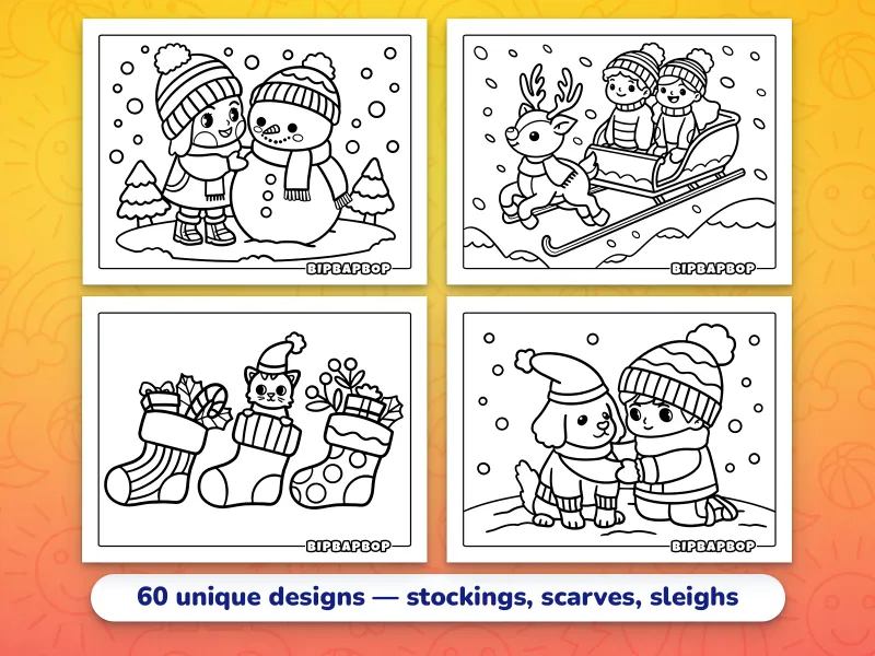 Landscape winter coloring pages — a girl making a snowman, kids flying through the sky in a sleigh pulled by a reindeer, Christmas presents in stockings, and a boy putting a scarf on a dog