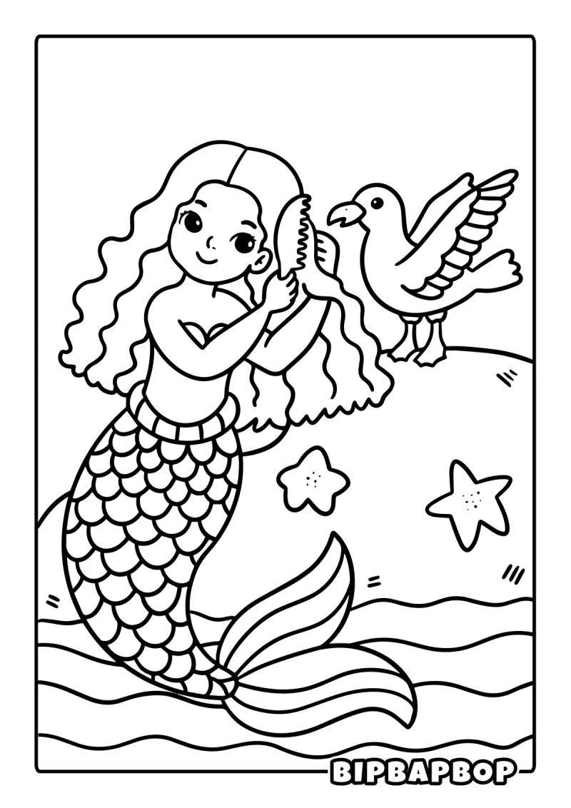 A mermaid combing her hair with a seagull watching