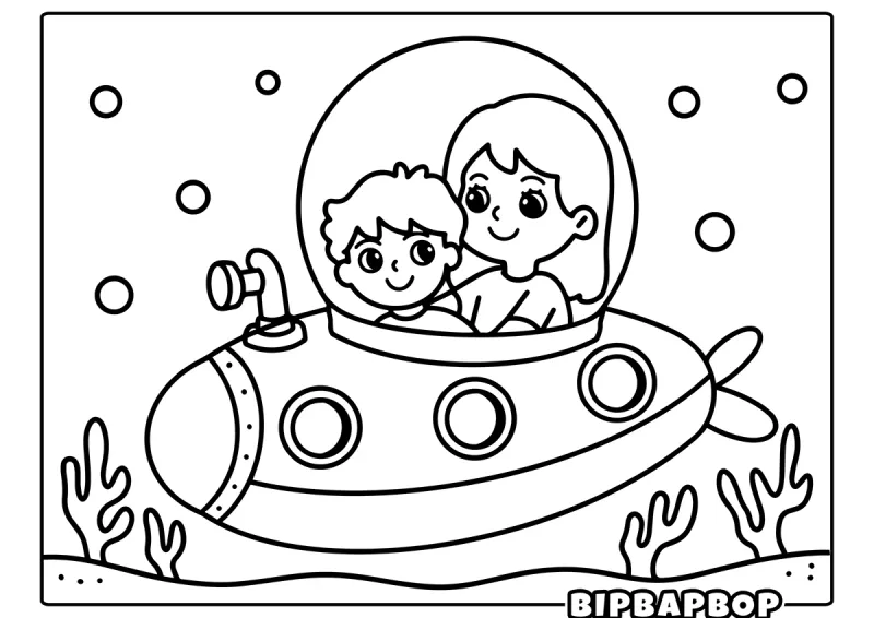 A mother and her son exploring under the sea in a submarine