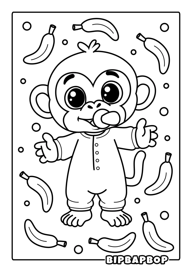 A baby monkey surrounded by bananas