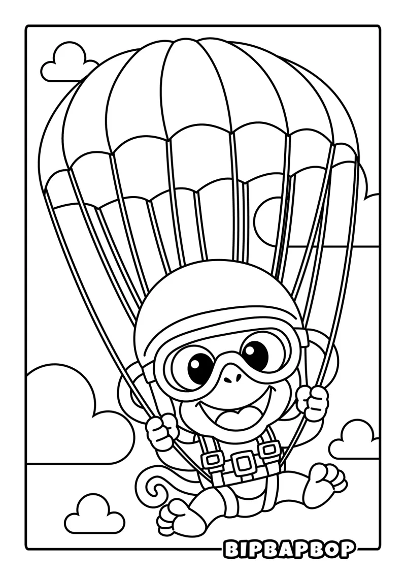A monkey drifting through the sky in a parachute
