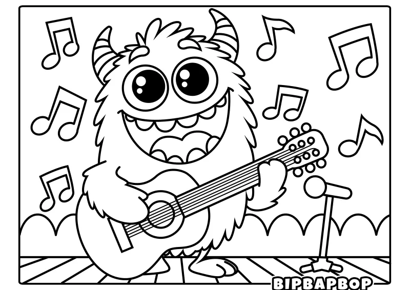 A monster playing the guitar on a stage with music notes