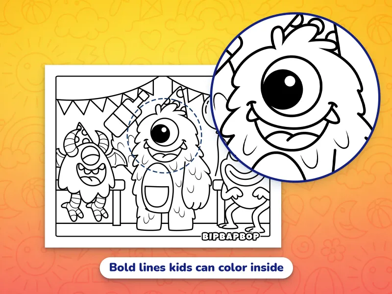 A close up of a non-scary monster at a party demonstrating the bold designs which help kids color inside the lines