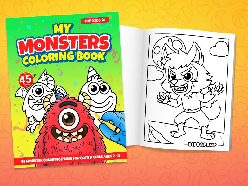 Monsters coloring book front cover showing a one-eyed monster and an internal page with a cute monster with an ice cream