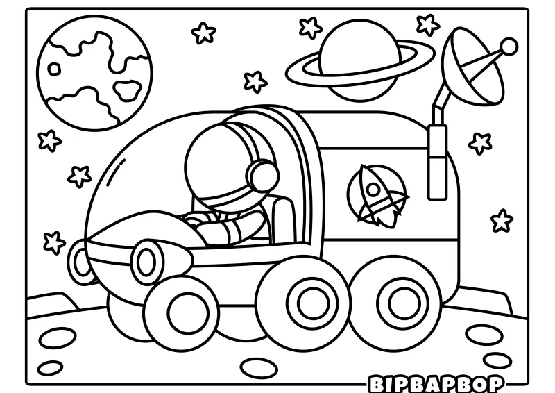 A moon buggy driving across a lunar landscape in space