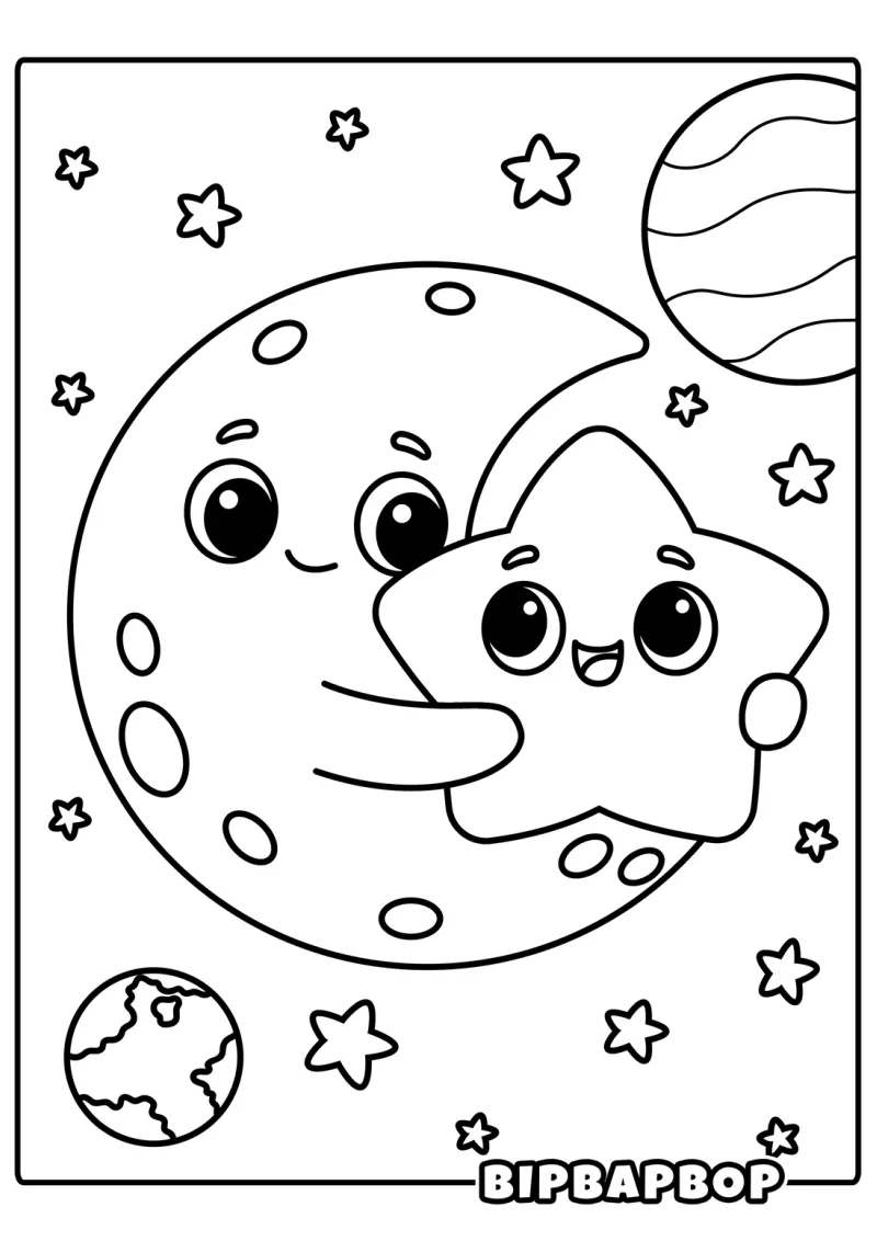 A happy moon hugging a star