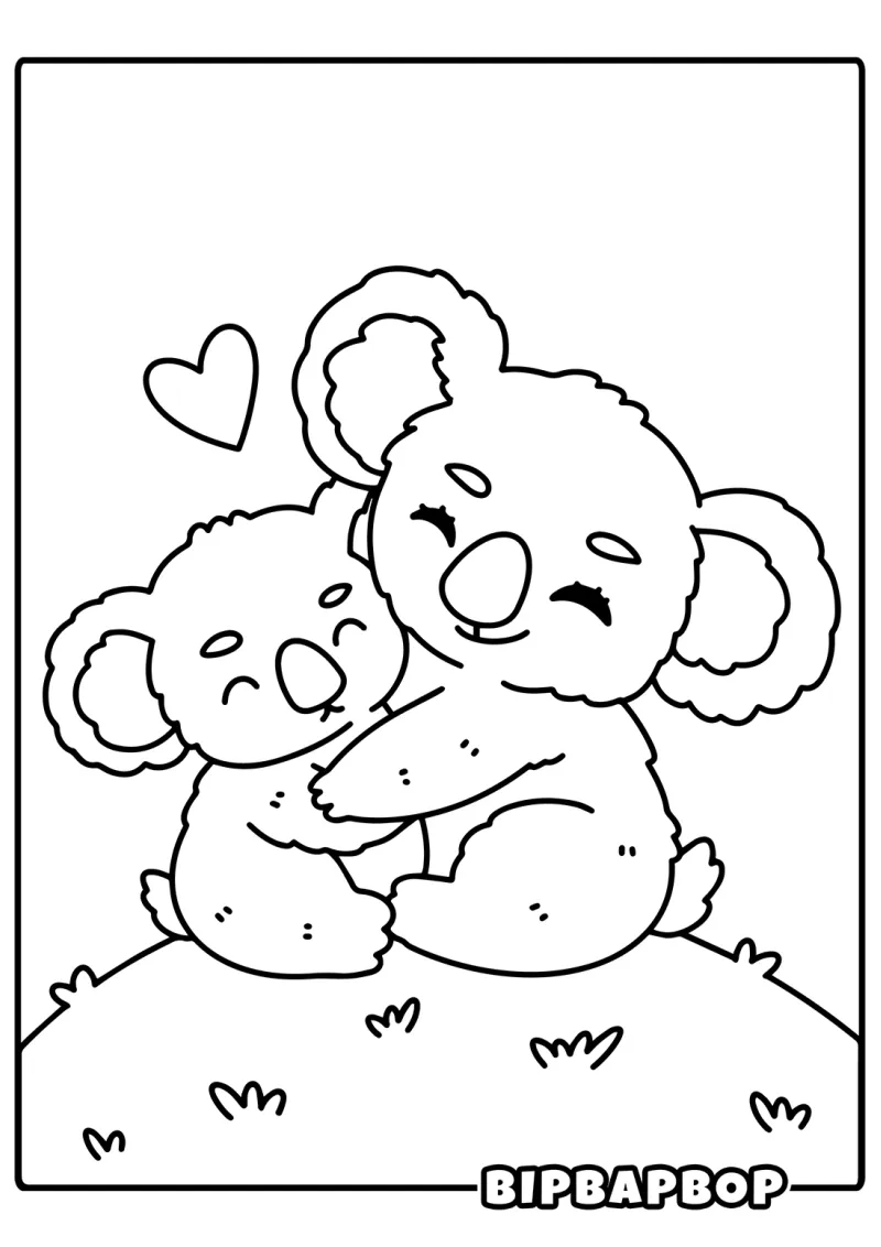 A mother koala snuggling a baby koala
