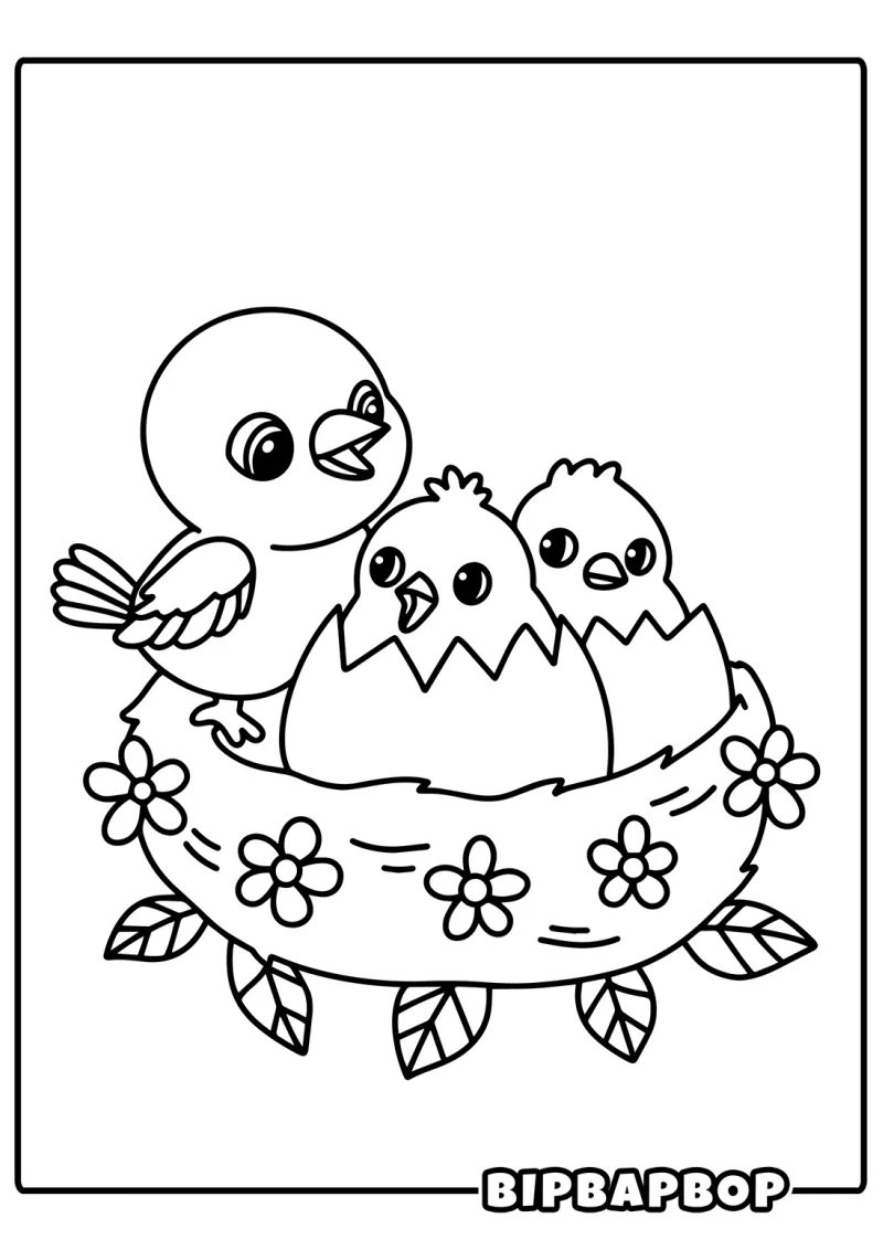 A mother bird looking after her chicks