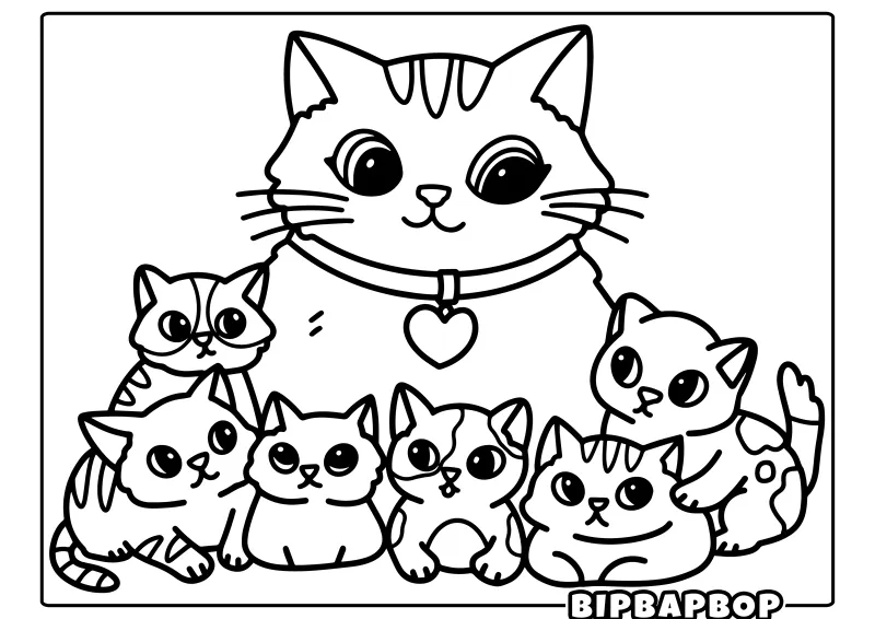 A mother cat with five kittens
