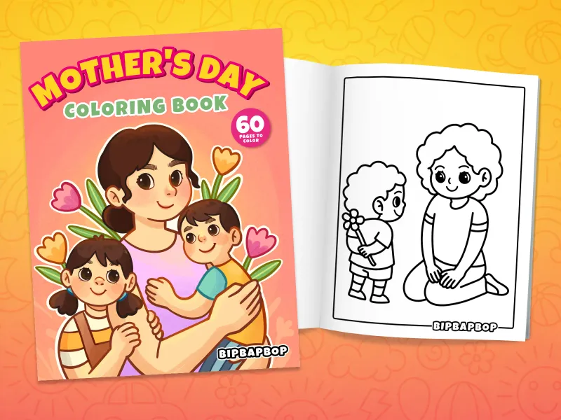 Mother's Day coloring book front cover showing a mom with flowers from her kids and an internal page with kids surprising mom with flowers
