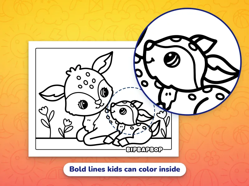 A close up of a mother deer looking after a baby fawn, demonstrating the bold lines that kids can color inside