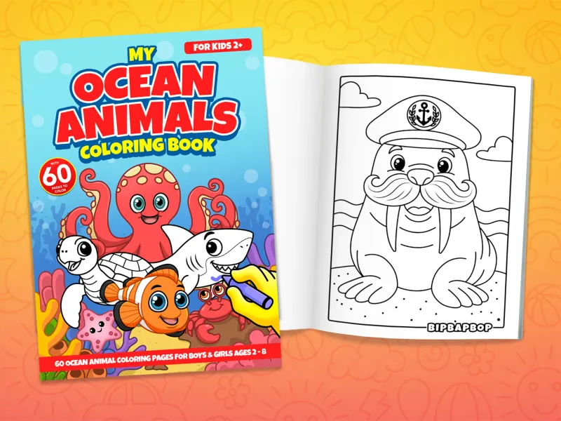 Ocean animals coloring book front cover showing an octopus, turtle, shark, fish, crab and starfish and an internal page with a walrus in a sea captain's hat