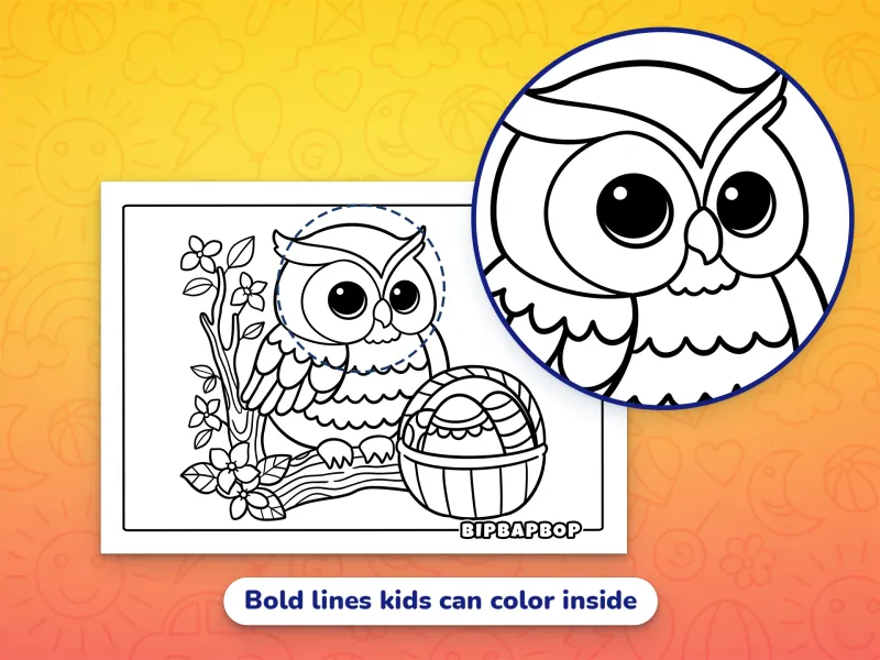 A close up of an owl sitting by a basket of Easter eggs demonstrating the bold designs which help kids color inside the lines