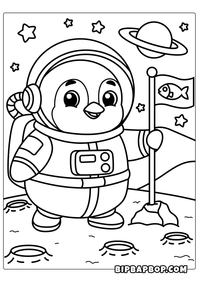 A penguin astronaut putting a flag on the moon