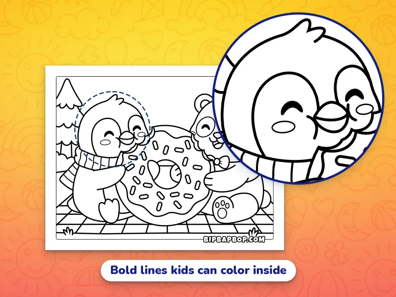 A close up of a penguin and a bear sharing a big donut, demonstrating the bold lines that kids can color inside