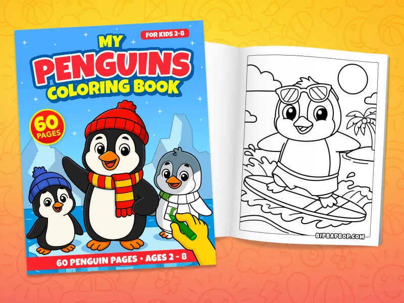 Penguin coloring book front cover showing three penguins on an iceberg and an internal page with a surfing penguin