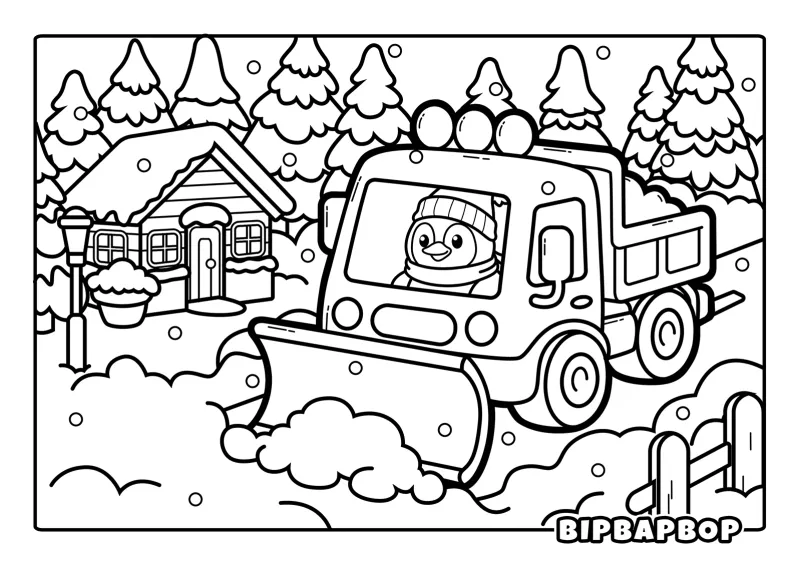 A penguin driving a snow plough