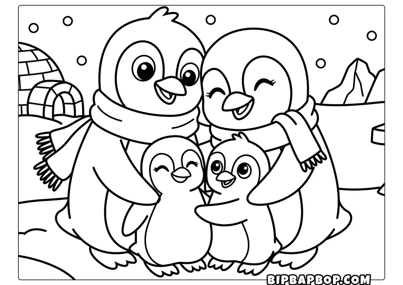 A penguin family hugging